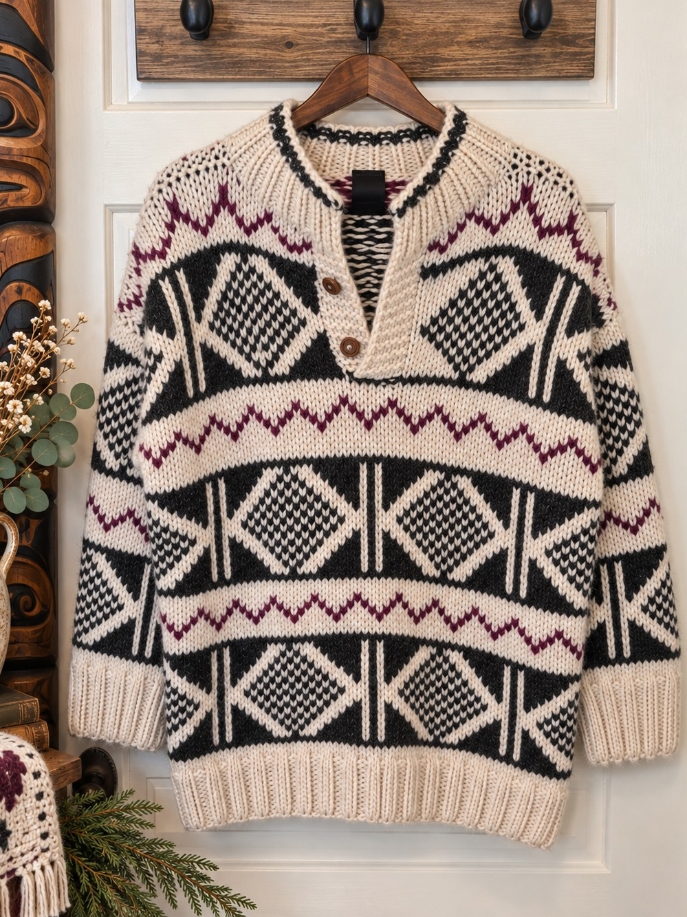 Vintage Chunky Wool Sweater Geometric Fair Isle Nordic Cream Purple Black